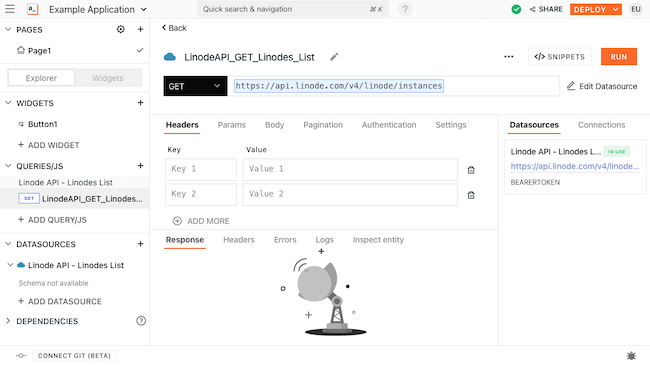 Query creation page for the example application