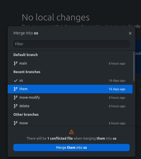 A GitHub Desktop dialog window displaying the number of merge conflicts.