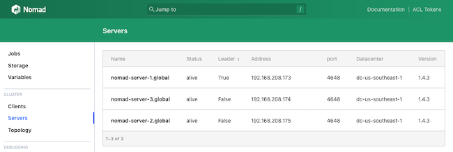 Nomad server nodes listed in the web interface